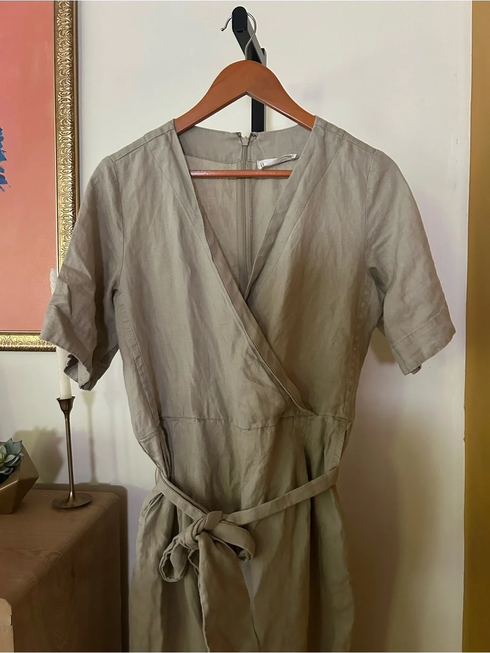 Everlane 100% European Flax Linen Wrap Jumpsuit Wide Leg Lagenlook Khaki Size 0